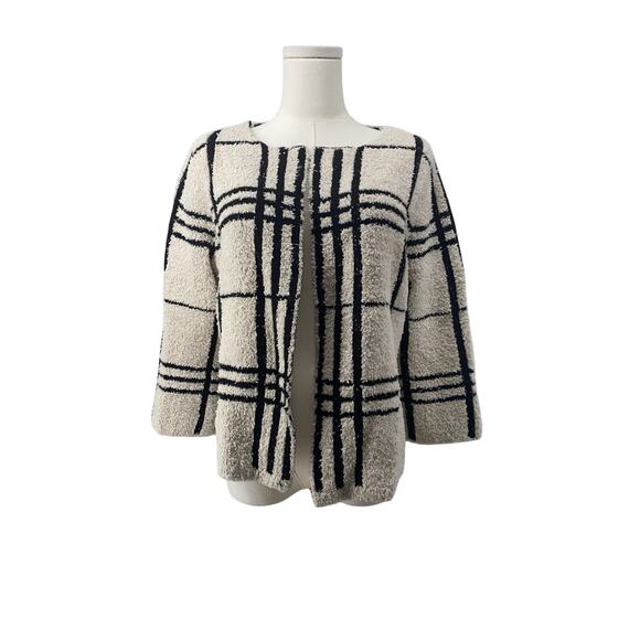 Chico’s Cardigan Sz 1 Ivory Black Fuzzy Plaid 3/4 Sleeve Open Front Crop Womens - Picture 1 of 8